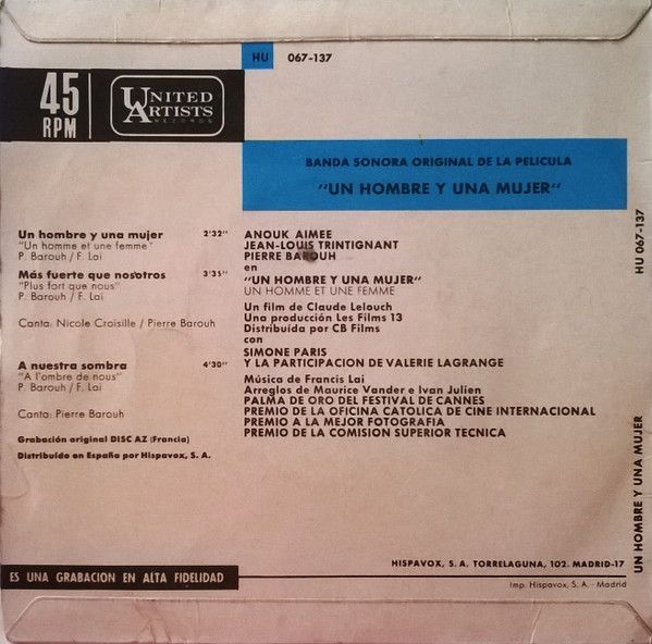 Ni05MTk3LmpwZWc.jpeg Un Homme Et Une Femme = Un Hombre Y Una Mujer (Banda Sonora Original De La Película)