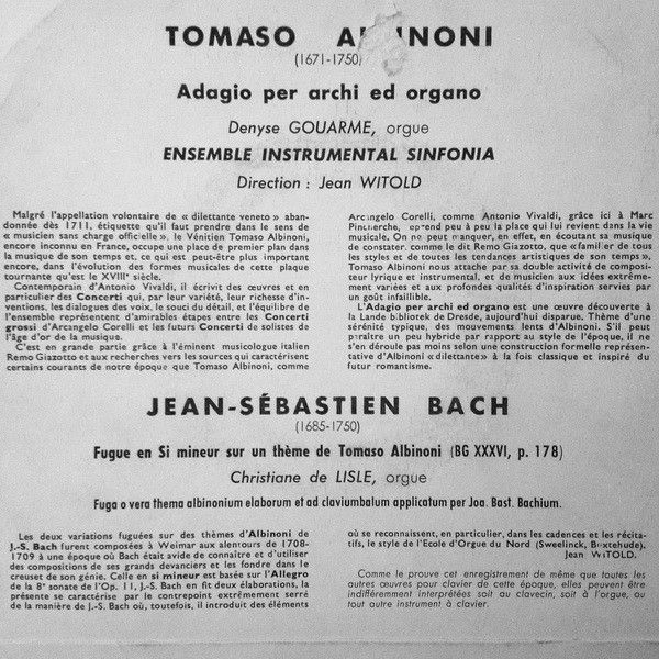 Adagio Per Archi Ed Organo / Fugue En Si Mineur Sur Un Thème De Tomaso Albinoni