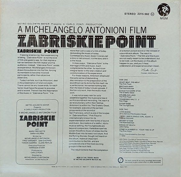 Music From The Motion Picture Sound Track Zabriskie Point