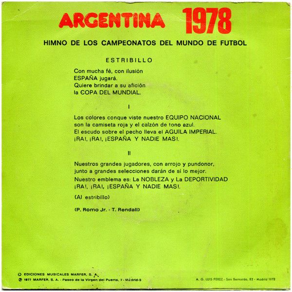 Himno De Los Campeonatos Del Mundo, Argentina 1978