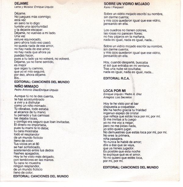 1f7e44c8e6bdca1f01ff24958bcd9fd2892c556e_0_0.jpeg Déjame / Niño Mimado / Sobre Un Vidrio Mojado / Loca Por Mi